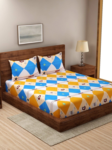 

NEUDIS White & Yellow Geometric 180 TC Queen Bedsheet with 2 Pillow Covers