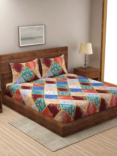 

NEUDIS Beige & Teal Floral 180 TC Queen Bedsheet with 2 Pillow Covers