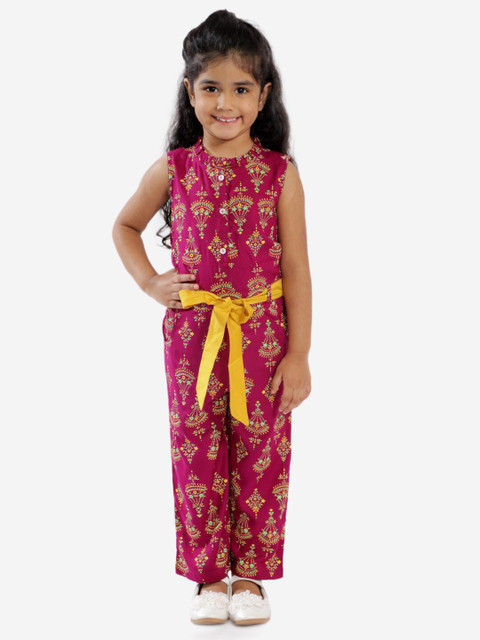

Lil Peacock Girls Magenta & Yellow Printed Basic Jumpsuit