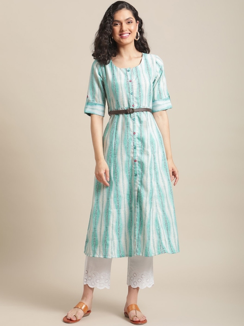

Varanga Women Turquoise Blue & White Striped Kurta