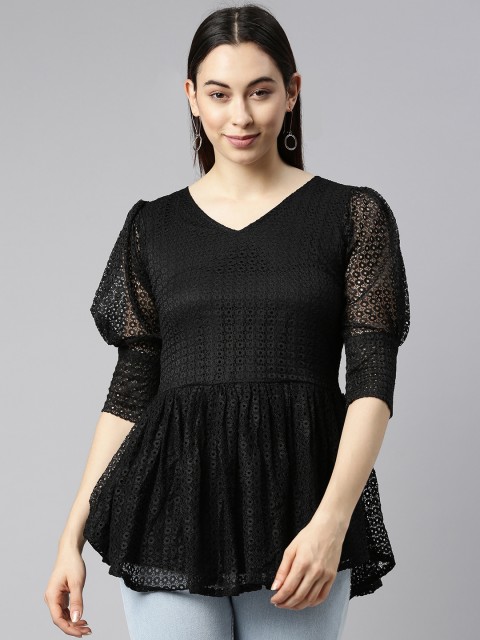 

Selvia Black Smocked Net Peplum Top