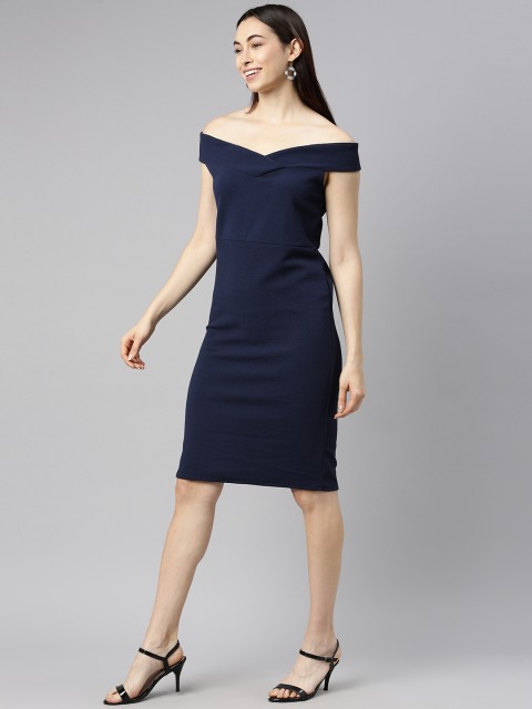 

Selvia Navy Blue Soid Knitted Lycra Off-Shoulder Bodycon Dress