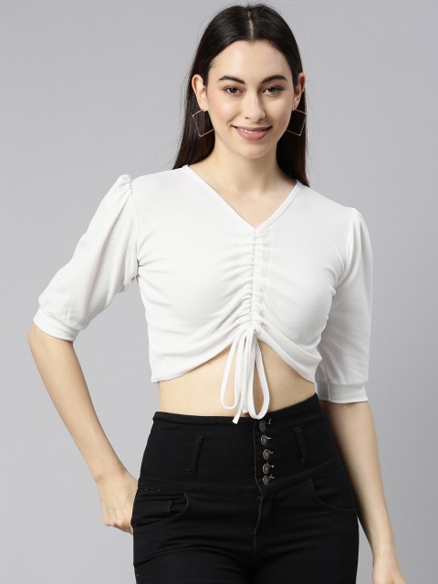 

Selvia White Solid Knitted Lycra Ruched Front Crop Top