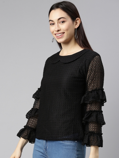 

Selvia Black Self Design Peter Pan Collar Ruffles Net Regular Top