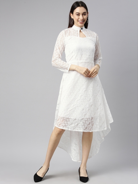 

Selvia White Self Design Keyhole Neck Fit & Flare Dress