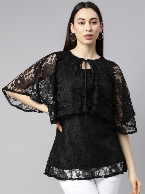 

Selvia Black Embellished Tie-Up Neck Ruffles Net Cape Top
