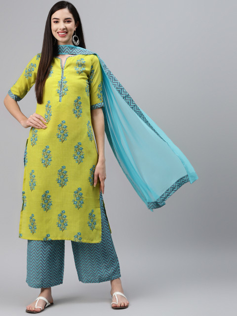 

Sasimo Women Lime Green Printed Regular Thread Work Kurta with Palazzos & Dupatta