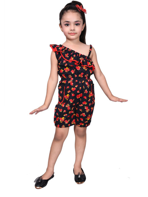 

SKY HEIGHTS Girls Red & Black Off-Shoulder Printed Cotton Jumpsuit