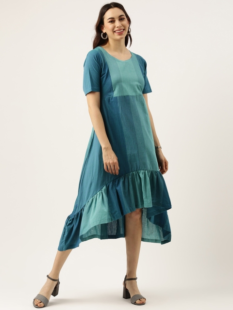 

Lokatita Blue Striped Ruffled Cotton Midi Dress