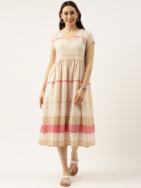 

Lokatita Off White & Pink Checked A-Line Midi Dress