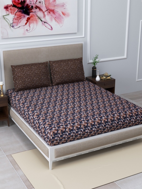 

Home Fresh Brown & Blue Geometric 120 TC Queen Bedsheet with 2 Pillow Covers