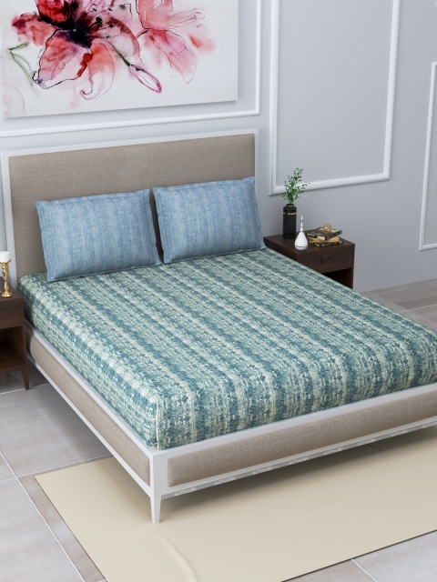 

Home Fresh Green & Cream-Coloured 144 TC Queen Bedsheet with 2 Pillow Covers