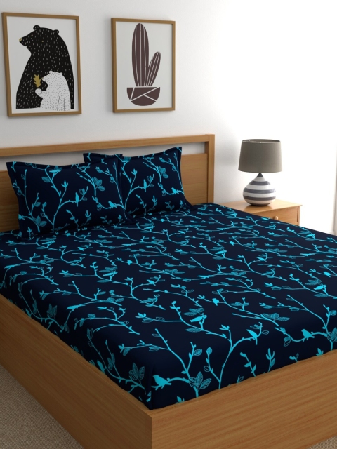 

Dreamscape Blue & Turquoise Blue Floral 140 TC Queen Bedsheet with 2 Pillow Covers