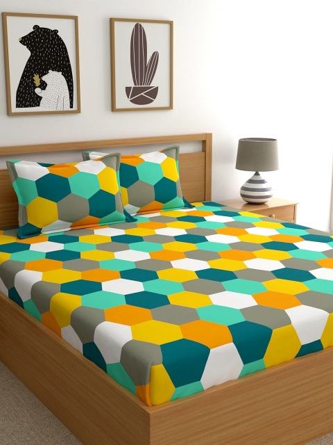 

Dreamscape Yellow & Green Geometric 140 TC King Bedsheet with 2 Pillow Covers