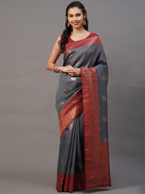 

Mitera Grey & Red Ethnic Motifs Silk Blend Banarasi Saree