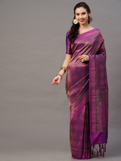 

Mitera Magenta & Tan Ethnic Motifs Silk Blend Banarasi Saree