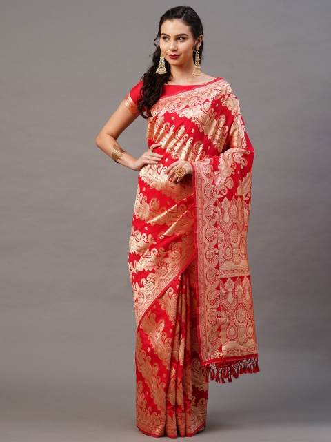 

Mitera Red & Gold Ethnic Motifs Silk Blend Banarasi Saree