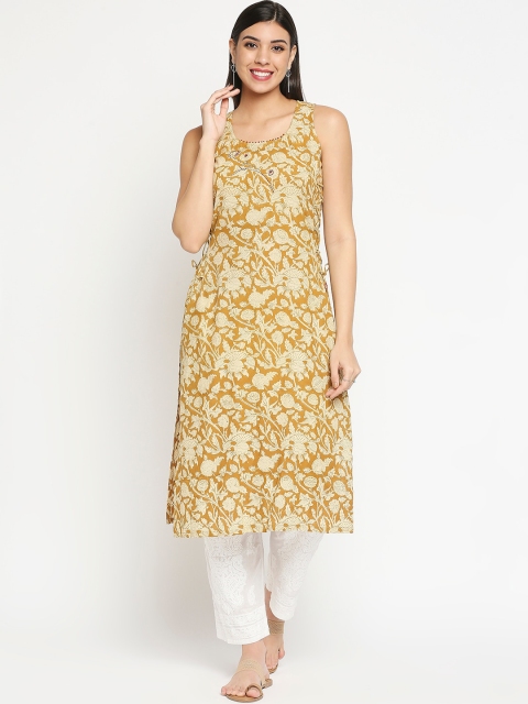

Orbbaan Women Mustard Yellow Ethnic Motifs Printed Thread Work Floral Kurta