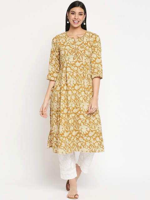 

Orbbaan Women Mustard Yellow Floral Block Print Pure Cotton Kurta