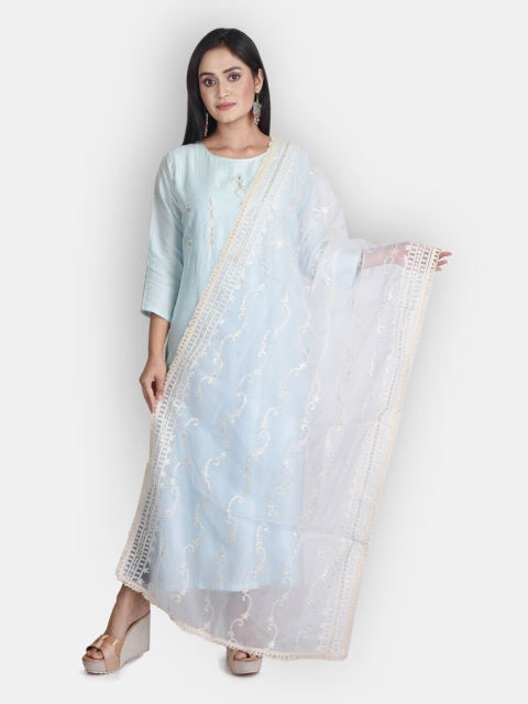 

Sanwara White & Gold-Toned Embroidered Organza Dupatta with Thread Work