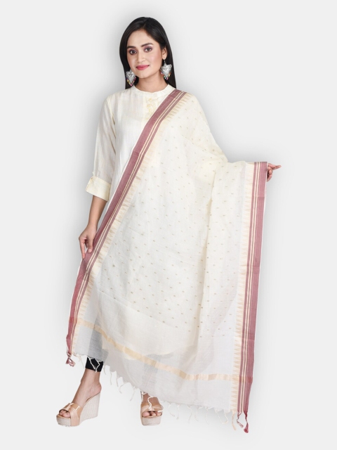 

Sanwara White & Burgundy Embroidered Pure Cotton Dupatta With Zari