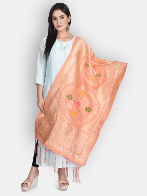 

Sanwara Pink & Green Woven Design Pure Silk Dupatta With Zari