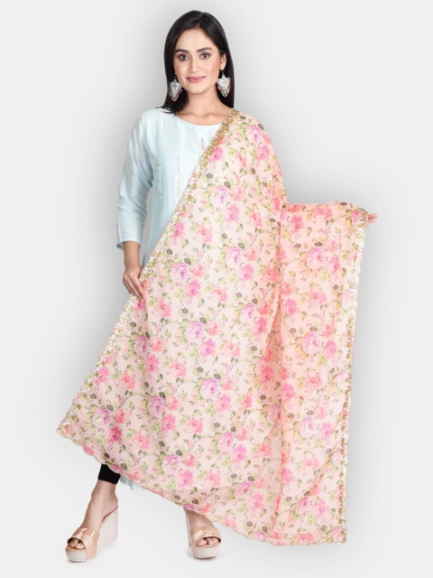 

Sanwara Pink & Green Floral Printed Embellished Pure Silk Dupatta