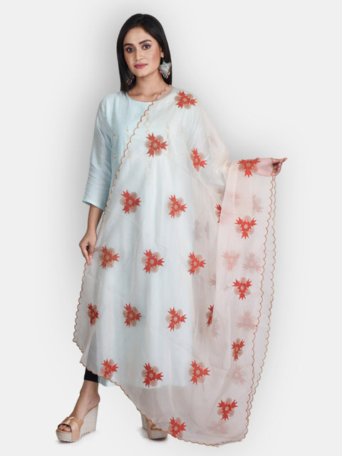 

Sanwara White & Peach Embroidered Organza Dupatta with Zari