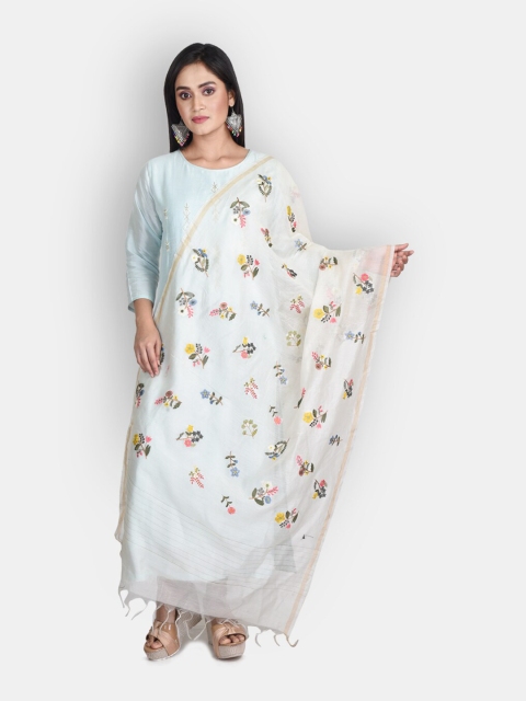 

Sanwara White & Yellow Embroidered Linen Dupatta With Thread Work