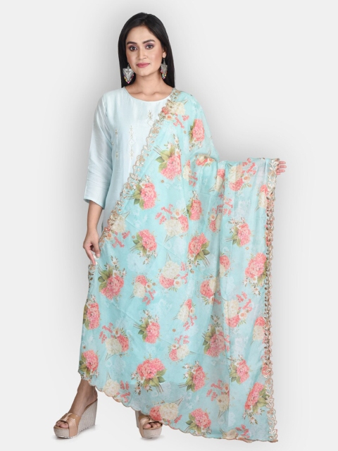 

Sanwara Green & Pink Floral Printed Organza Dupatta with Zari