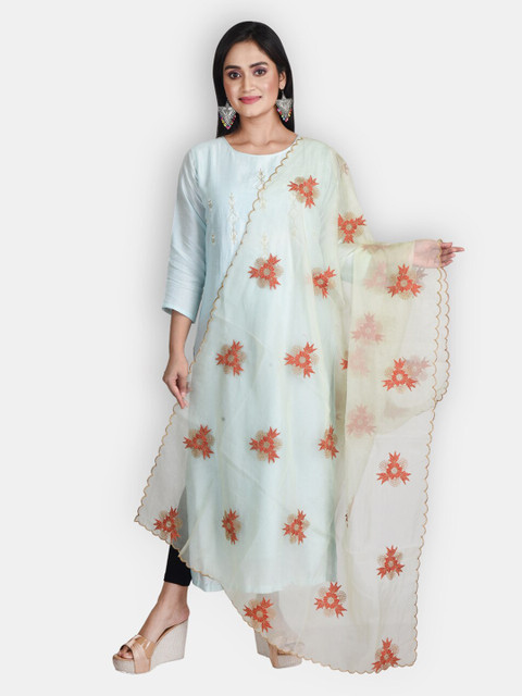 

Sanwara Peach & White Embroidered Organza Dupatta with Zari