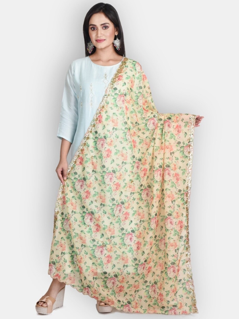 

Sanwara Yellow & Pink Floral Printed Pure Silk Dupatta