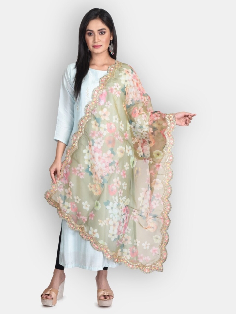

Sanwara Green & Pink Floral Printed Organza Dupatta With Thread Work