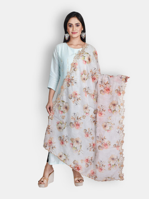 

Sanwara White & Pink Floral Printed Organza Dupatta With Zari Work