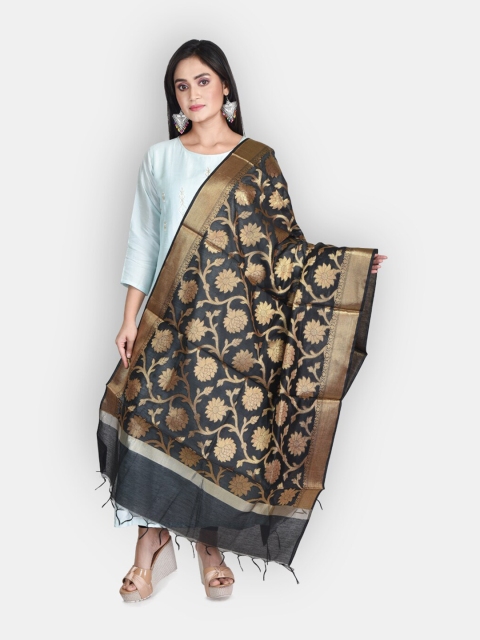 

Sanwara Black & Copper-Toned Woven Design Pure Silk Dupatta With Zari