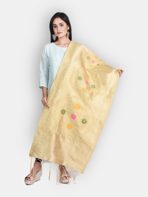 

Sanwara Beige & Yellow Woven Design Pure Silk Dupatta With Zari
