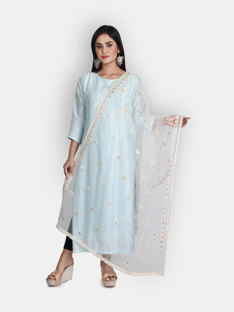 

Sanwara White & Yellow Embroidered Dupatta With Mirror Work