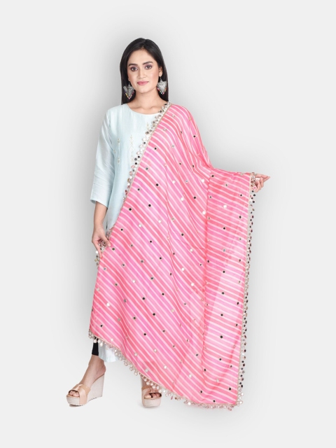 

Sanwara Pink & Silver-Toned Embroidered Organza Dupatta With Mirror Work