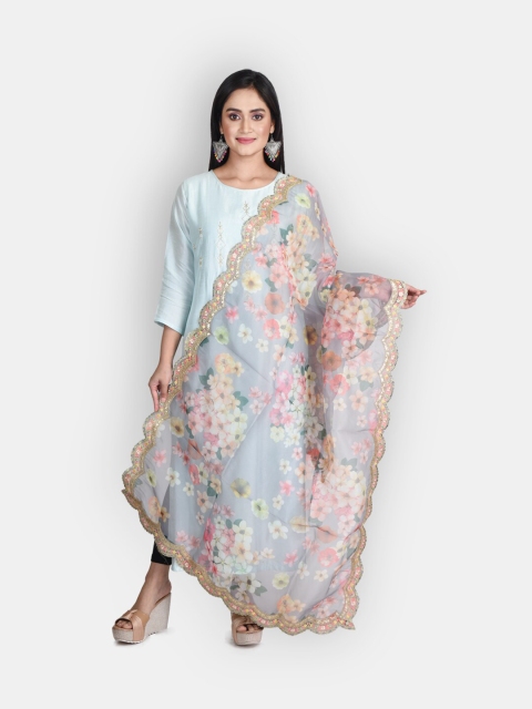 

Sanwara Grey & Pink Floral Embroidered Organza Dupatta With Zari Work