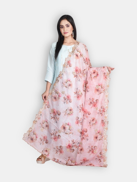 

Sanwara Pink & Grey Floral Printed Organza Dupatta With Zari Work