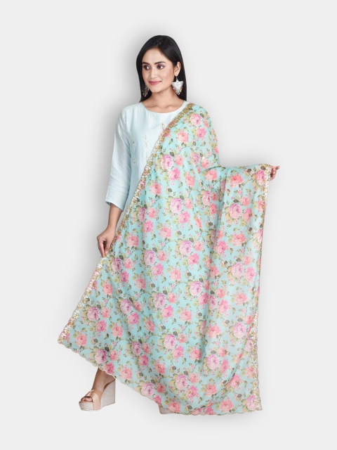 

Sanwara Green & Purple Floral Printed Pure Silk Dupatta With Zari Work