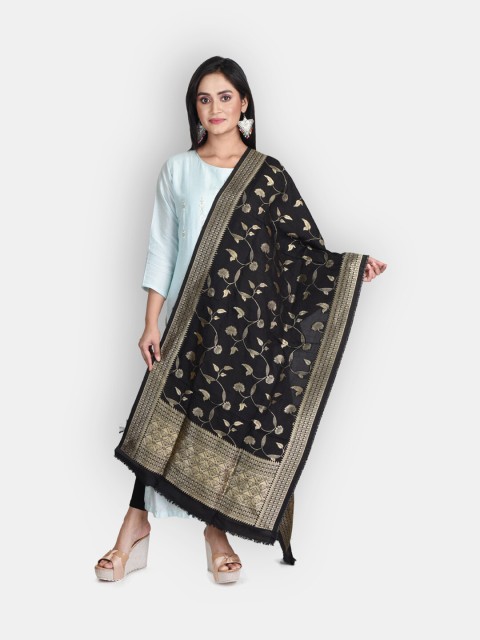 

Sanwara Black & Gold-Toned Woven Design Pure Silk Dupatta With Zari Work