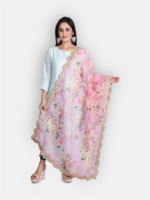 

Sanwara Pink & Green Floral Printed & Embroidered Organza Dupatta With Zari Work