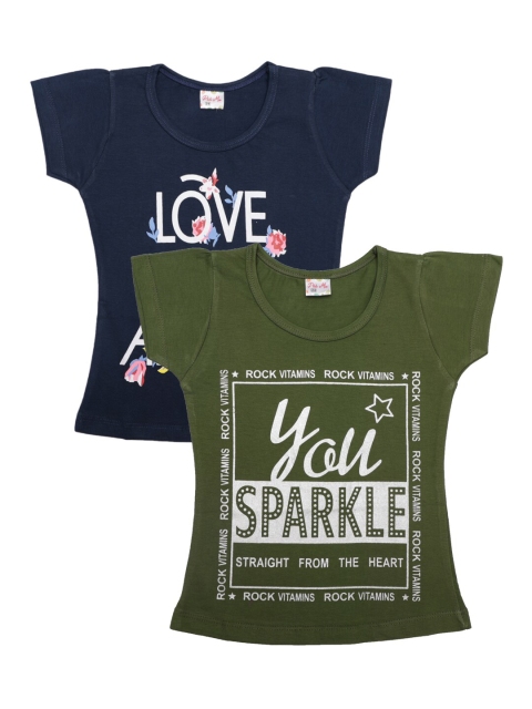 

Pothys Girls Pack Of 2 Green & Blue Typography Printed T-shirt