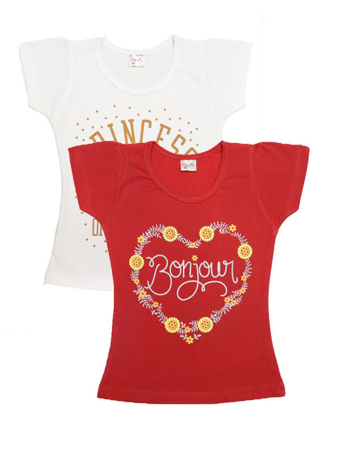 

Pothys Girls Pack Of 2 Typography Printed Puff Sleeves Cotton T-shirts, Red