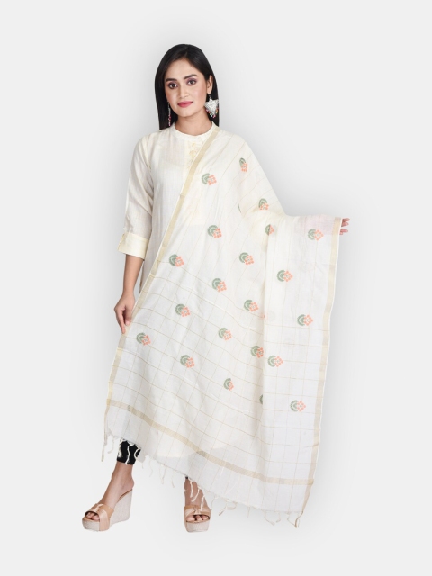 

Sanwara Women Off White & Gold-Tone Floral Embroidered Pure Cotton Dupatta