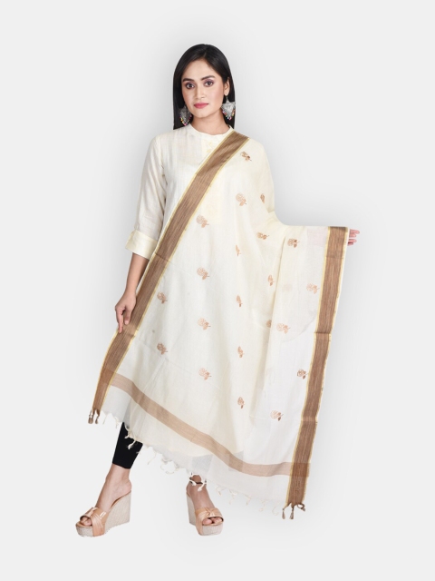 

Sanwara Women Off White & Gold-Tone Floral Embroidered Pure Cotton Dupatta