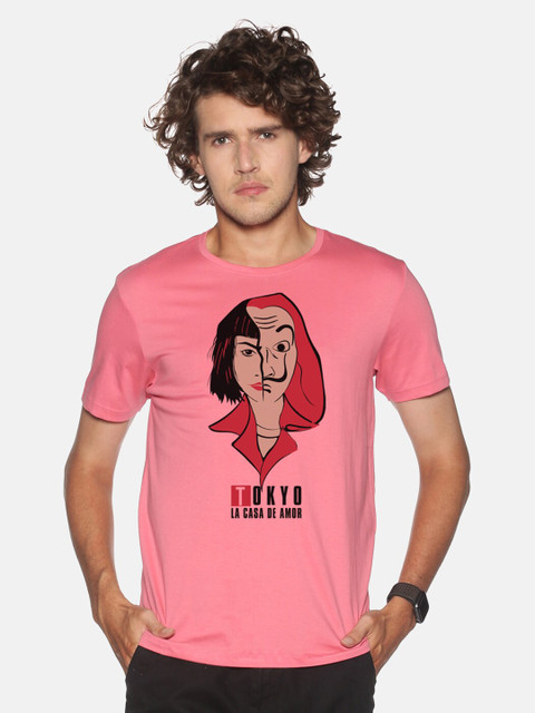 

MASH UNLIMITED Men Pink Money Heist Print Slim Fit T-shirt