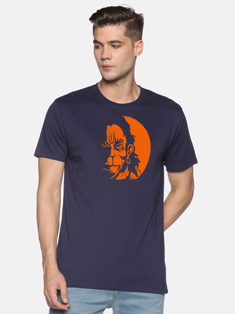 

MASH UNLIMITED Men Navy Blue & Orange Graphic Printed Slim Fit T-shirt
