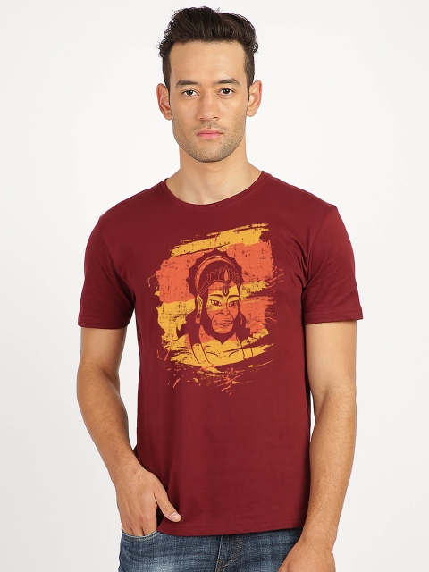 

MASH UNLIMITED Men Maroon & Yellow Printed Slim Fit Cotton T-shirt